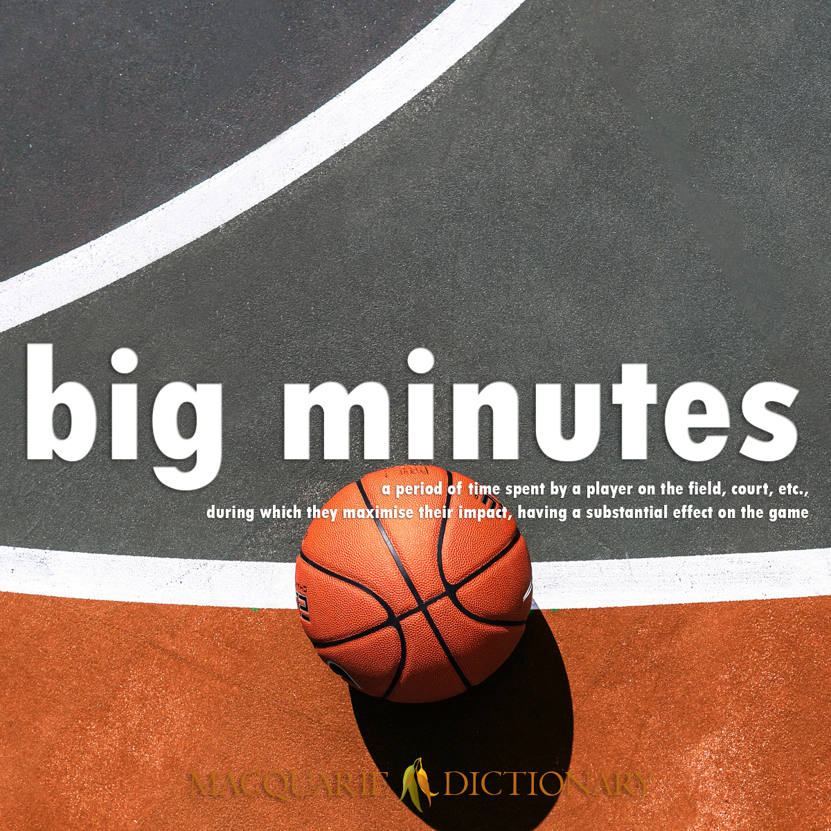 Image of Macquarie Dictionary Word of the Year - big minutes - a period of time spent by a player on the field, court, etc., during which they maximise their impact, having a substantial effect on the game Image of Macquarie Dictionary Word of the Year - big minutes - a period of time spent by a player on the field, court, etc., during which they maximise their impact, having a substantial effect on the game